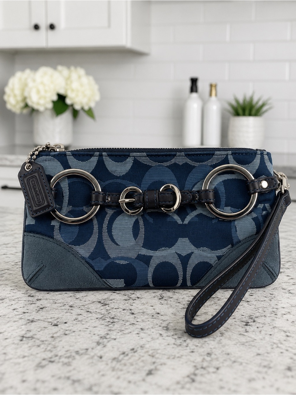 Coach Blue Denim Optic Signature Jacquard & Suede Horsebit Wristlet Y2K